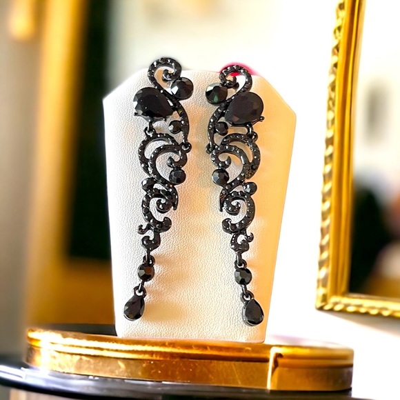 Black Earrings Holiday Halloween Wedding Bridal Black Prom Dress Earrings Dangle - Picture 4 of 6